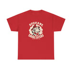 Spokane Smoke Eaters Heavyweight T-Shirt in red with the Spokane Smoke Eaters logo, a Dalmatian in a red fire helmet and bandana blowing smoke on the front