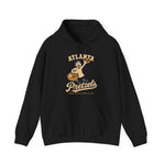 Atlanta Pretzels Hoodie in black with the cream cartoon baker holding a pretzel and basket on the front