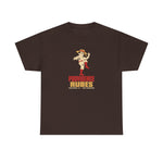 Providence Rubes Heavyweight T-Shirt in dark chocolate with the Providence Rubes logo, a 1920s pitcher in a straw farmer's hat with a stalk of wheat in his teeth at the top of his leg kick, over Providence Rubes 1926 Champions on the front