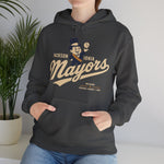 Jackson - Ionia Mayors Hoodie in dark heather with the top hatted mayor character in a navy suit tossing a baseball on the front, worn by model