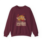 Savannah Electrics Crewneck Sweatshirt in maroon with the yellow cartoon trolley car mascot swinging a bat with sparks on the front
