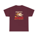 Woonsocket Speeders Heavyweight T-Shirt in maroon with the Woonsocket Speeders logo, a running baseball character with speed lines and its cap flying off, over Speeders in bold red italic letters on the front