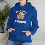 Bremerton Bluejackets Hoodie in royal with the Bremerton Bluejackets logo, a smiling baseball in a sailor cap and red neckerchief on the front, worn by model