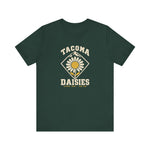 Tacoma Daisies Premium Lightweight T-Shirt in forest with the Tacoma Daisies logo, a daisy inside a diamond with a mountain peak above on the front