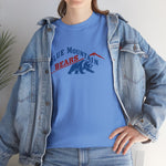 Blue Mountain Bears Heavyweight T-Shirt in carolina blue with the Blue Mountain Bears logo, a snarling bear below a red mountain peak on the front, worn by model