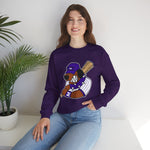 Merrillville Muddogs Crewneck Sweatshirt in purple with the Merrillville Muddogs logo, a snarling bulldog in a purple cap holding a bat on the front, worn by model