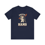 Anniston Rams Premium Lightweight T-Shirt in navy with the Anniston Rams logo, a cartoon ram ballplayer holding a foundry rammer beside a smoking smokestack on the front