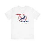 Bend Bucks Premium Lightweight T-Shirt in white with the Bend Bucks logo, a leaping buck over a red-stitched baseball on the front