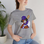 Merrillville Muddogs Premium Lightweight T-Shirt in athletic heather with the Merrillville Muddogs logo, a snarling bulldog in a purple cap holding a bat on the front, worn by model