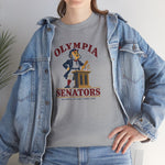 Olympia Senators Heavyweight T-Shirt in sport grey with the Olympia Senators logo, a bearded senator in a frock coat at a podium with a bat on the front, worn by model