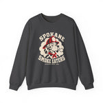 Spokane Smoke Eaters Crewneck Sweatshirt in dark heather with the Spokane Smoke Eaters logo, a Dalmatian in a red fire helmet and bandana blowing smoke on the front