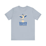 Sarasota Gulls Premium Lightweight T-Shirt in light blue with the cream cartoon gull balancing on a baseball with wings spread on the front