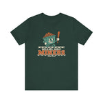 Miami Miners Premium Lightweight T-Shirt in forest with the Miami Miners logo, a smiling ore cart holding a bat on a mine track on the front