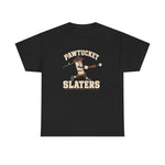 Pawtucket Slaters Heavyweight T-Shirt in black with the Pawtucket Slaters logo, a cotton mill bobbin character in a ball cap swinging a bat, with a loose thread trailing behind on the front