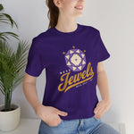 Mesa Jewels Premium Lightweight T-Shirt in team purple with the Mesa Jewels logo, a faceted purple gem with a baseball diamond above Jewels script on the front, worn by model