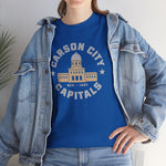 Carson City Capitals Heavyweight T-Shirt in royal with the Carson City Capitals logo, a domed state capitol building inside a ring of block lettering on the front, worn by model