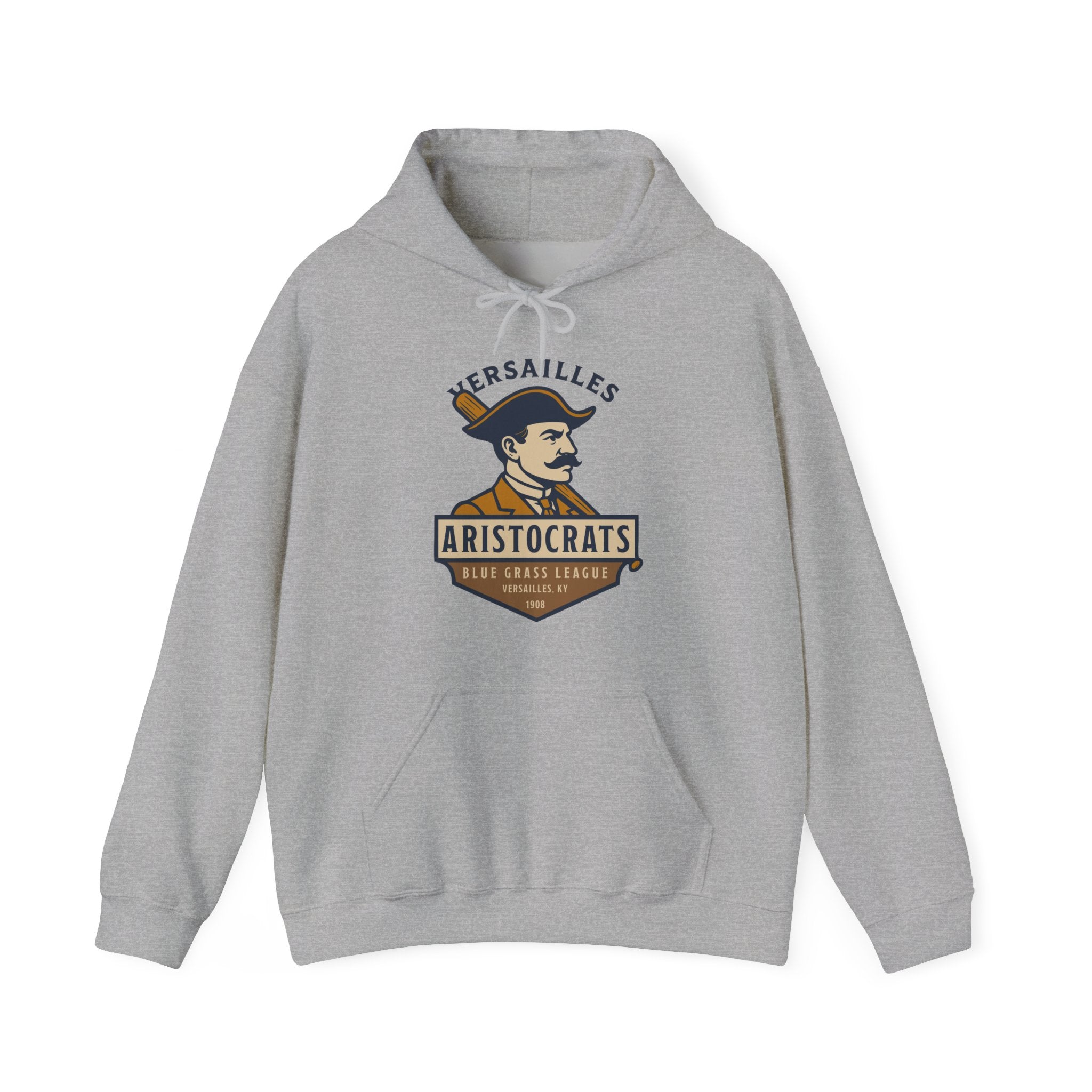 Gray hoodie featuring vintage Versailles Aristocrats baseball team logo from Blue Grass League, with drawstring hood and pouch pocket.