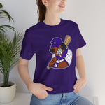 Merrillville Muddogs Premium Lightweight T-Shirt in team purple with the Merrillville Muddogs logo, a snarling bulldog in a purple cap holding a bat on the front, worn by model