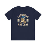 Leesburg Anglers Premium Lightweight T-Shirt in navy with the bearded angler portrait in a blue cap between pennant banners on the front