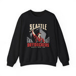 Seattle Drydockers Crewneck Sweatshirt in black with the Seattle Drydockers logo, a shipyard worker raising a bat in front of a ship in drydock on the front