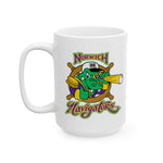 Norwich Navigators Baseball Mug with the green gator navigator logo peering through a bat spyglass inside a ship's wheel, left side view 2