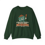 Miami Miners Crewneck Sweatshirt in forest green with the Miami Miners logo, a smiling ore cart holding a bat on a mine track on the front