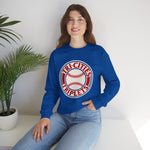 Tri-Cities Triplets Crewneck Sweatshirt in royal with the Tri-Cities Triplets logo, red lettering circling a baseball on the front, worn by model