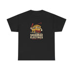 Savannah Electrics Heavyweight T-Shirt in black with the yellow cartoon trolley car mascot swinging a bat with sparks on the front