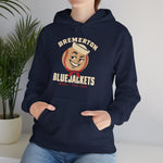 Bremerton Bluejackets Hoodie in navy with the Bremerton Bluejackets logo, a smiling baseball in a sailor cap and red neckerchief on the front, worn by model
