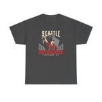 Seattle Drydockers Heavyweight T-Shirt in dark heather with the Seattle Drydockers logo, a shipyard worker raising a bat in front of a ship in drydock on the front