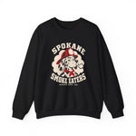 Spokane Smoke Eaters Crewneck Sweatshirt in black with the Spokane Smoke Eaters logo, a Dalmatian in a red fire helmet and bandana blowing smoke on the front