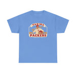 Yakima Packers Heavyweight T-Shirt in carolina blue with the Yakima Packers logo, a ballplayer holding a bat and a crate of apples on the front