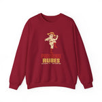 Providence Rubes Crewneck Sweatshirt in cardinal red with the Providence Rubes logo, a 1920s pitcher in a straw farmer's hat with a stalk of wheat in his teeth at the top of his leg kick, over Providence Rubes 1926 Champions on the front