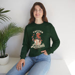 Tucson Lizards Crewneck Sweatshirt in forest green with the Tucson Lizards logo, a striped lizard in a ball cap lounging on a baseball on the front, worn by model