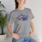 Blue Mountain Bears Premium Lightweight T-Shirt in athletic heather with the Blue Mountain Bears logo, a snarling bear below a red mountain peak on the front, worn by model