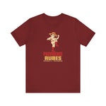 Providence Rubes Premium Lightweight T-Shirt in cardinal with the Providence Rubes logo, a 1920s pitcher in a straw farmer's hat with a stalk of wheat in his teeth at the top of his leg kick, over Providence Rubes 1926 Champions on the front