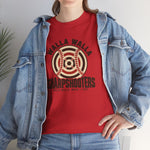 Walla Walla Sharpshooters Heavyweight T-Shirt in red with the Walla Walla Sharpshooters logo, a bullseye target crossed by baseball stitching on the front, worn by model