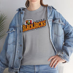 Reno BlackJacks Heavyweight T-Shirt in sport grey with the Reno BlackJacks logo, a Jack of Spades holding a bat above slanted BlackJacks lettering on the front, worn by model