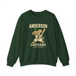 Anderson Orphans Crewneck Sweatshirt in forest green with the golden dog batter in a cap and green striped jersey on the front