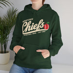 Wenatchee Chiefs Hoodie in forest green with the Wenatchee Chiefs logo, script lettering with an apple stitched like a baseball on the front, worn by model