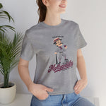 Tonopah Mollycoddles Premium Lightweight T-Shirt in athletic heather with the Tonopah Mollycoddles logo, a monocled deadball-era dandy holding a teacup and leaning on his bat on the front, worn by model