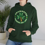 Roseburg Shamrocks Hoodie in forest green with the Roseburg Shamrocks logo, a shamrock of baseballs with a bat stem in a green ring on the front, worn by model