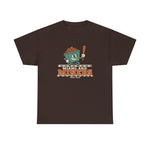 Miami Miners Heavyweight T-Shirt in dark chocolate with the Miami Miners logo, a smiling ore cart holding a bat on a mine track on the front