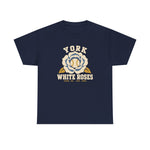 York White Roses Heavyweight T-Shirt in navy with the York White Roses logo, a cream and blue rose with a baseball at its center on the front