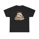 Seattle Clamdiggers Heavyweight T-Shirt in black with the Seattle Clamdiggers logo, a clam shell made from a baseball half-buried in a tide flat on the front