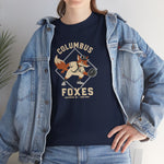 Columbus Foxes Heavyweight T-Shirt in navy with the orange cartoon fox mascot fielding a glove on the front, worn by model