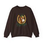 Ocala Yearlings Crewneck Sweatshirt in dark chocolate with the horse head peeking through a gold horseshoe wearing a green cap on the front
