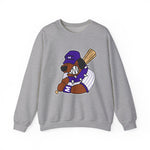 Merrillville Muddogs Crewneck Sweatshirt in sport grey with the Merrillville Muddogs logo, a snarling bulldog in a purple cap holding a bat on the front