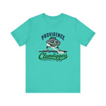 Providence Clamdiggers Premium Lightweight T-Shirt in teal with the Providence Clamdiggers logo, a quahog clam character in a green cap raking a Narragansett Bay mudflat, with Clamdiggers in green script on the front