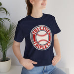 Tri-Cities Triplets Premium Lightweight T-Shirt in navy with the Tri-Cities Triplets logo, red lettering circling a baseball on the front, worn by model